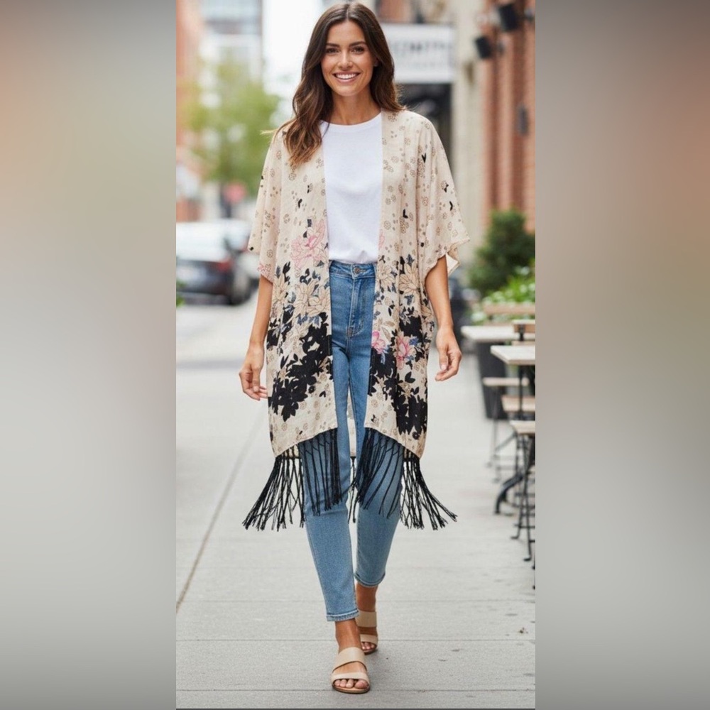 Floral Kimono Cardigan w/fringe